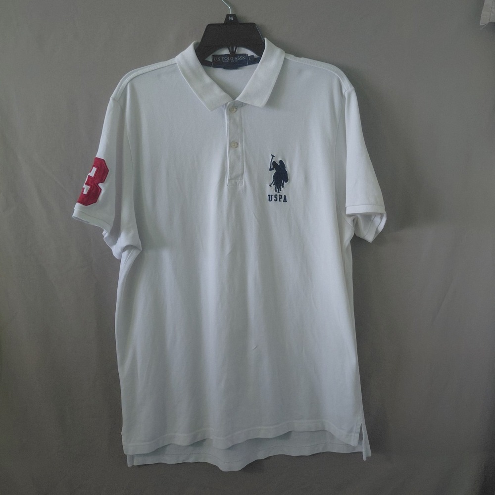 US Polo Assn Mens White Short Sleeve Polo Shirt Large Big Logo Number 3 Patch